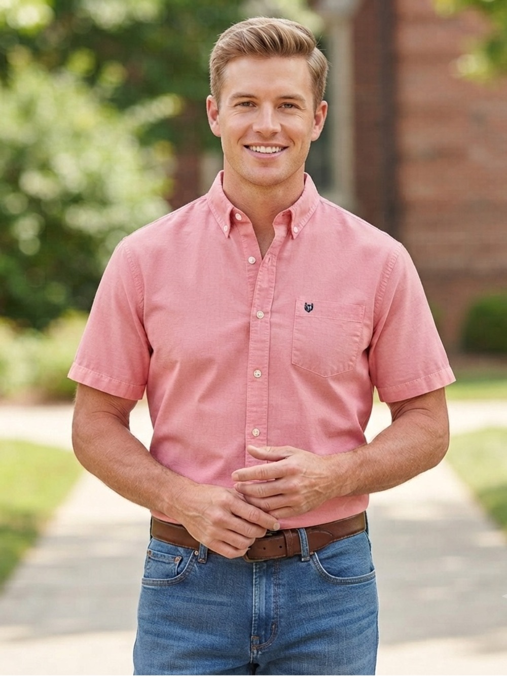Chaps Men's Short-Sleeve Button-Down Oxford Shirt in Dusty Pink sSz Large A7-052
